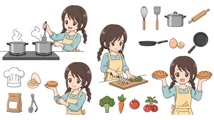 A cartoon girl cooking and baking with various kitchen utensils and ingredients