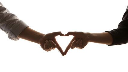 Two people forming a heart shape with their hands in silhouette