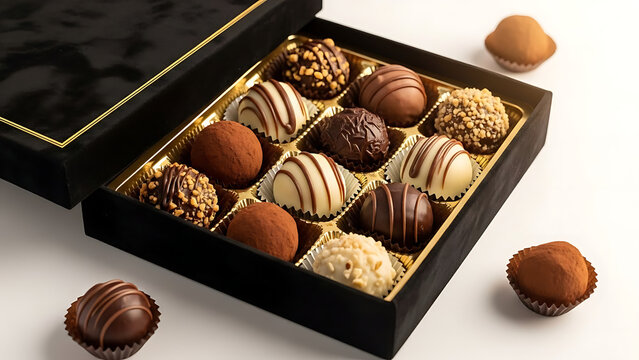 A box of assorted chocolates on a white surface