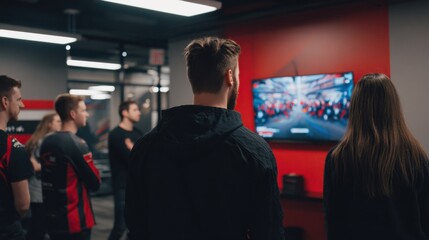 Fototapeta premium Team members collaborating during tournament preparation in a structured gaming lab with the coach analyzing performance on a central screen in sharp focus.