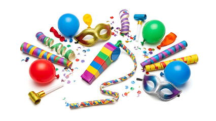 A colorful assortment of party supplies and decorations on a white background