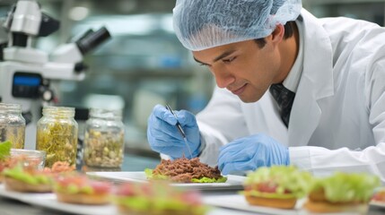 Food scientist conducting sensory evaluation of prepared dishes in a sterile test kitchen assessing taste aroma and appearance for product development.