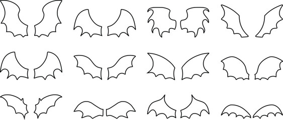 Bat Wings Outline Vector Icon Set, Halloween Flying Creature Symbols