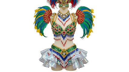 A vibrant and colorful costume on display against a white background