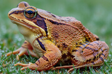 Obraz premium European common frog captured at eye-level in its natural grassland habitat