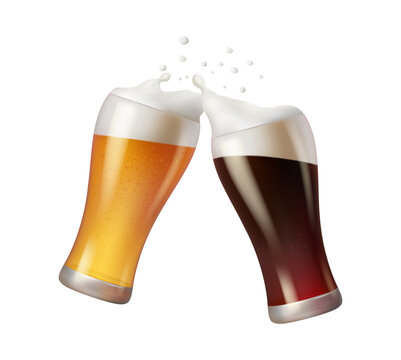 Dark and light beer with splashing foam, cheers celebration and partying. Vector in realistic style, isolated mugs with alcoholic beverage. Refreshing drink in pub, bar or restaurant, brewery