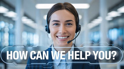 Smiling customer service agent with headset and futuristic digital "HOW CAN WE HELP YOU" text overlay
