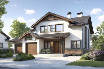 Detached family house with modern suburban architecture featuring double garage, large windows, and well maintained garden under clear blue sky