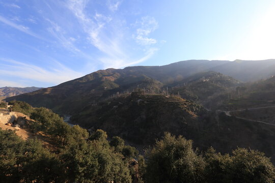 View of rugged mountains rise under a wispy blue sky, with lush green trees dotting the lower slopes in Upper Dir, Khyber Pakhtunkhwa, Pakistan.