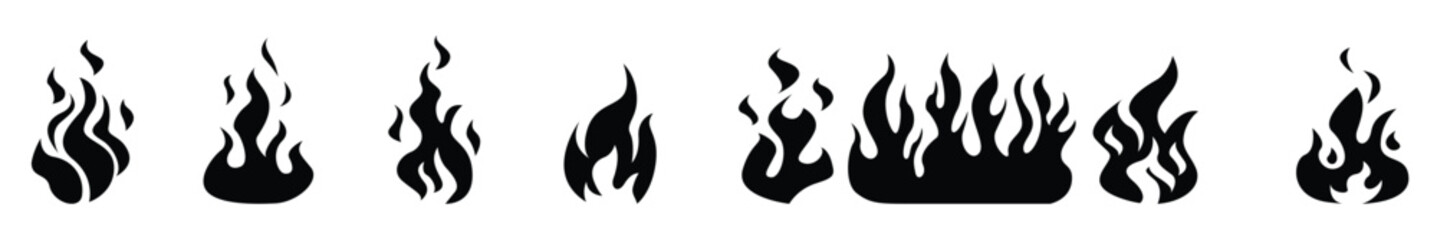 Collection of black flame icons set isolated on white background. Fire flame vector icon set. Vector illustration.