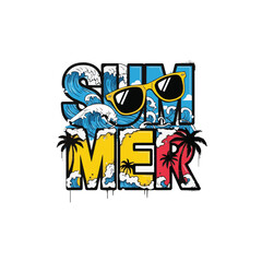 Obraz premium Bold Summer Typography with Waves, Palm Trees and Sunglasses – Ideal for T-Shirt Design, Streetwear, and Youth Apparel