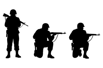 Naklejka premium Soldiers in helmet silhouette holding rifle weapon set