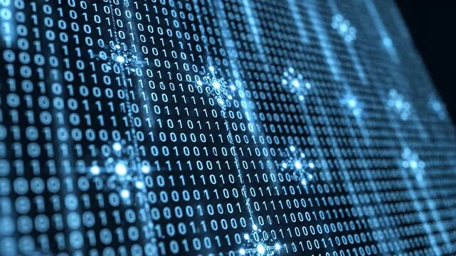 Digital binary code background featuring glowing blue numbers and intricate patterns for technology and data presentations.