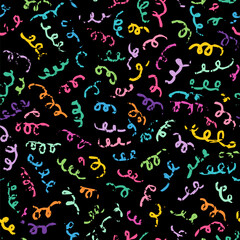 Scribble doodle lines vector seamless pattern, colorful textured squiggles on black background