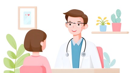 Fototapeta premium An illustrative scene of a professional doctor wearing glasses and a stethoscope engaging in a friendly medical consultation with a patient in a bright clinic room