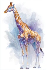 Illustration of giraffe in watercolor style, colorful African wildlife animal, elegant modern art, isolated on a white background