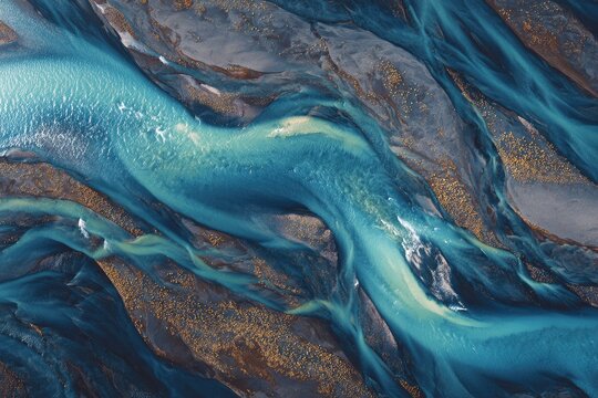 Aerial view of a turquoise river winding through a landscape of earth tones