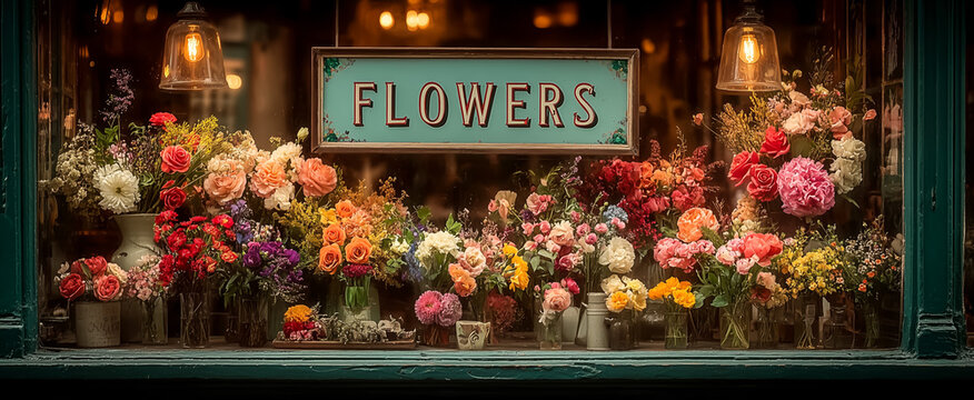 Beautiful flower shop window with vibrant floral arrangements displayed