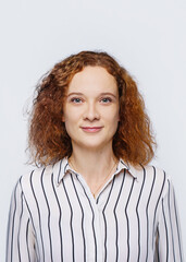 Smiling beautiful woman on white background - Passport photo