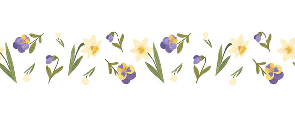 Yellow daffodils and purple pansy flowers with green leaves, hand drawn botanical floral vector seamless border.