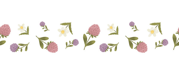 Pink and purple clover flowers with white daisies and green leaves, hand drawn botanical floral vector seamless border.