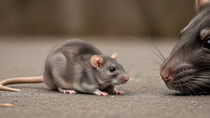 Two curious rodents face off. One, a complete creature, sits in profile. The other, close-up, presents its eye, nose, and whiskers. The ground is grey