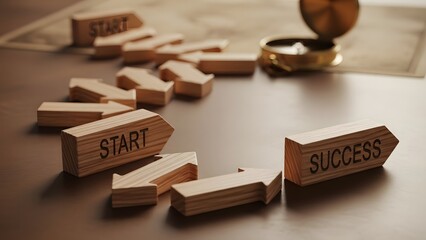 Wooden game pieces on a table with start and success blocks