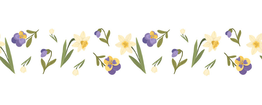 Yellow daffodils and purple pansy flowers with green leaves, hand drawn botanical floral vector seamless border.