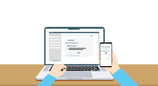 Two factor authentication code verify. 2FA with laptop and smartphone. User login with password and verification code.  2FA, MFA Multi-factor authentication concept. SMS code