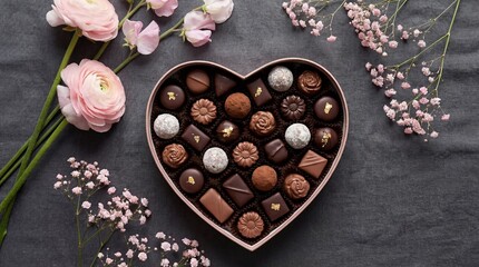Heart-shaped box of chocolates surrounded by flowers, isolated on white background