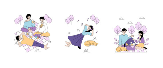 Fototapeta premium Relaxing Picnic and Music Enjoyment Vector Illustration