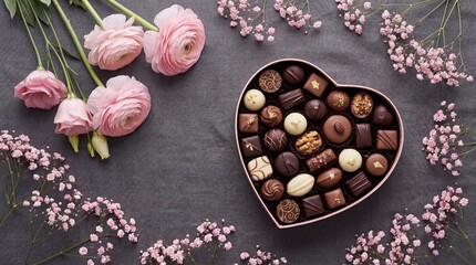 Heart-shaped box of chocolates with flowers isolated on white background