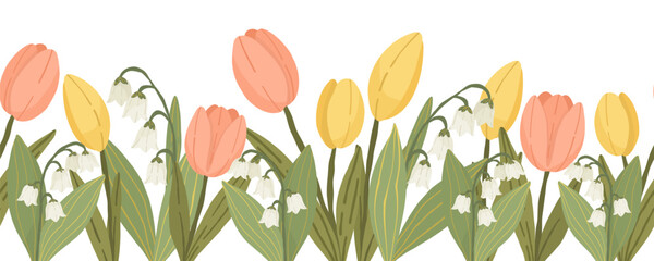 Pink and yellow tulips with white lily of the valley flowers, hand drawn botanical floral vector seamless border with green leaves.
