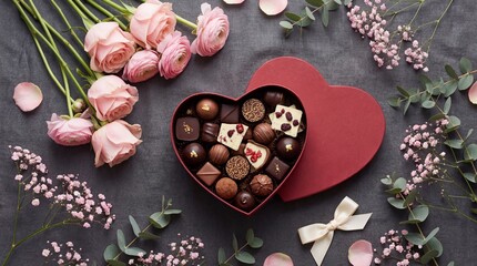 Heart-shaped box of chocolates with flowers isolated on white background
