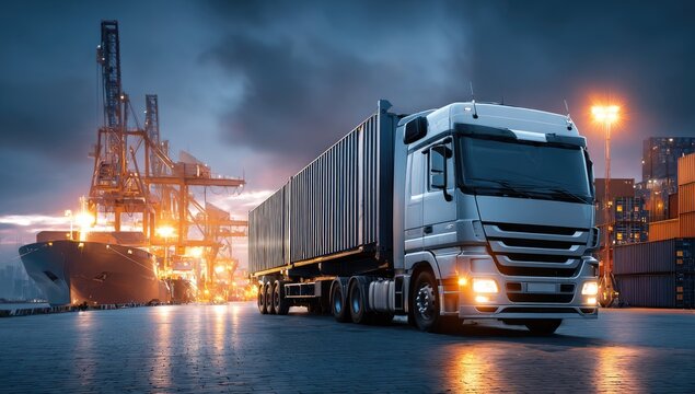 A semi-truck at dock side with a ship and containers under a moody, dusky sky