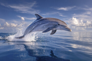Fototapeta premium Dolphin jumping above calm ocean water with splash under blue sky and scattered clouds, showing smooth body and reflection on water surface in natural marine environment