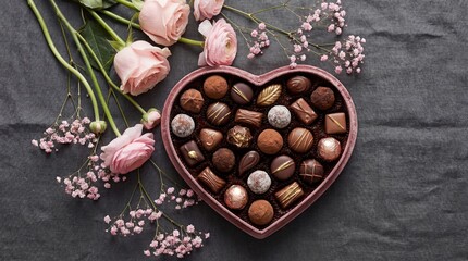 Heart-shaped box of chocolates with roses isolated on white background