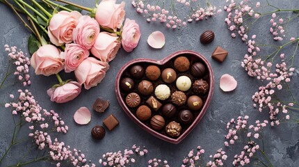 Heart-shaped box of chocolates and pink roses isolated on white background