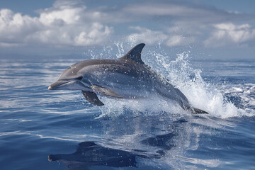 Fototapeta premium Dolphin jumping above ocean surface with water splash and cloudy sky background, showing smooth body and dynamic movement in natural marine environment
