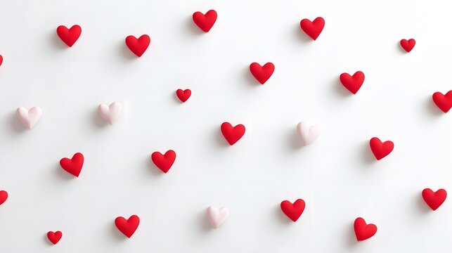 Numerous small decorative heart shaped objects in vibrant red and gentle pink are arranged in a scattered pattern across a bright white surface evoking feelings of love and celeb n