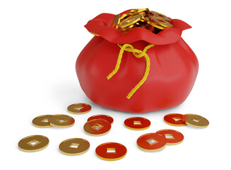 Bag full of Chinese golden coins, symbol of prosperity, isolated on white background. 3d illustration.