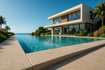 Fototapeta premium Modern villa with infinity pool overlooking the ocean landscape
