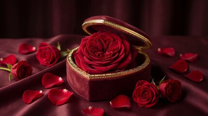 Elegant red rose in ornate box isolated on white background