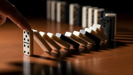 Dominoes falling in a row with a hand triggering the start