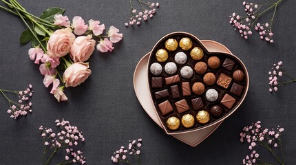 Heart-shaped box of chocolates with roses isolated on white background