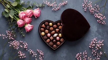 Heart-shaped chocolate box with flowers isolated on white background