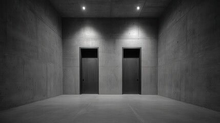 Obraz premium Interior space featuring two identical doorways set into raw concrete walls under focused lighting