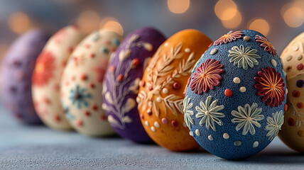 Colorful decorated easter eggs arranged with soft bokeh background