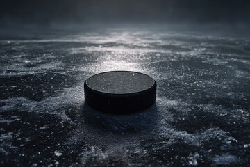Hockey puck sits solitary on a textured ice surface with dim lighting