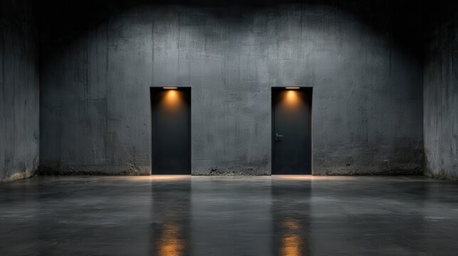 Two identical dark entryways illuminated by small orange lights within a cavernous concrete interior